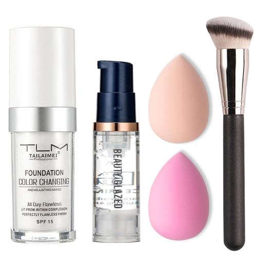 5PCS missing 2 items TLM Colour Changing Foundation Makeup Set Matte Liquid Full Coverage Oil Control Breathable Invisible Cover Concealer Foundation with Face Primer, Foundation Brush, Makeup Sponge
