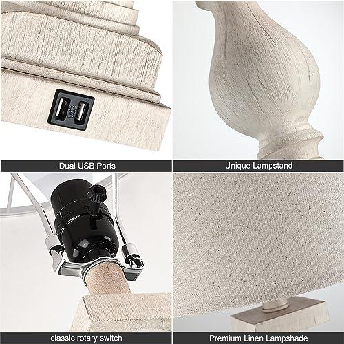 Rustic Dimmable Table Lamps Set of 2 with USB Charging Ports,26.5”Resin Beside Lamps for Living Room,Vintage Farmhouse Nightstand Lamps Traditional French Country Table Lamps for Bedroom