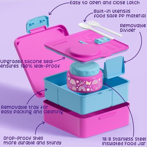 Fimibuke Bento Box for Kids Adult, BPA Free & Leakproof Toddler Lunch Box with 8.5oz Insulated Food Jar, Utensils & Sauce Jar, Dishwasher Safe 3 or 4 Compartment Container for School Girl Boy