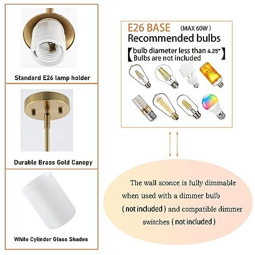 Modern Gold Pendant Light 3 Pack Brushed Brass Mid Century Chandelier White Cylinder Glass Shades Adjustable Rods Farmhouse Ceiling Hanging Lighting Fixture Kitchen Island Dining Room Bedroom