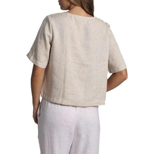 SIZE M...Womens 100% Linen Short Sleeve Blouse Square Neck Button Down Crop Tops