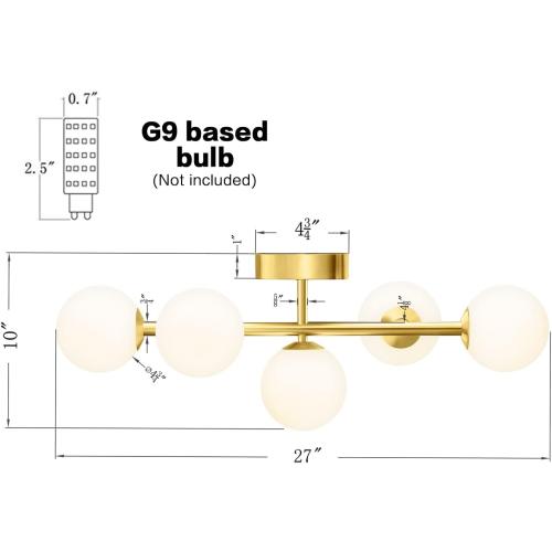 Bathroom Vanity Lights, 5-Light Bathroom Light Fixtures, Mid Century Modern Brass Bathroom Light Ceiling Light, Wall Sconces Semi-Flush Mount Light Fixture with Milk Globe Glass, Brass Gold, G9 Base