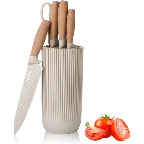 Knife Set, 6-Piece Khaki Kitchen Knife Set for Home, Anti-Rust Non-stick Stainless Steel Sharp Chef Knife Sets with Universal Knife Block for Kitchen, Ergonomical Design (Khaki)‼️Missing 2 pieces‼️