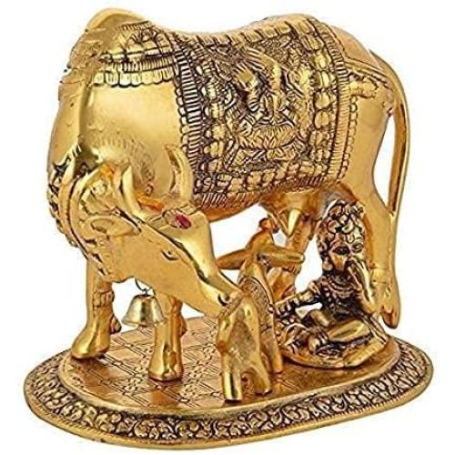 Brass Cow with Calf and Krishna Idol Showpiece in Brass for Home Decor | Gift Item | Pack of 1 (Golden)