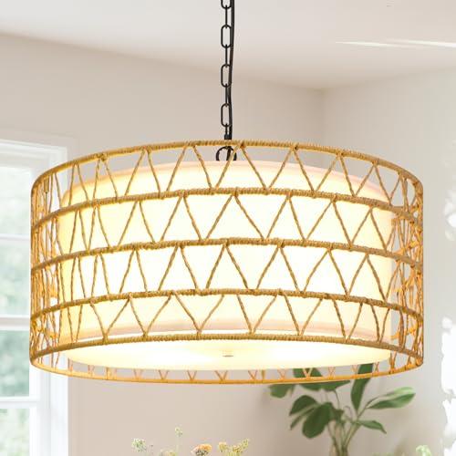 20 Rattan Chandelier Farmhouse Light Fixtures, 5-Light Boho Chandeliers for Dining Room, Fabric Lamp Shade for Living Room, Bedroom, Hallway Rattan Pendant Light Fixture, E26 (no test)