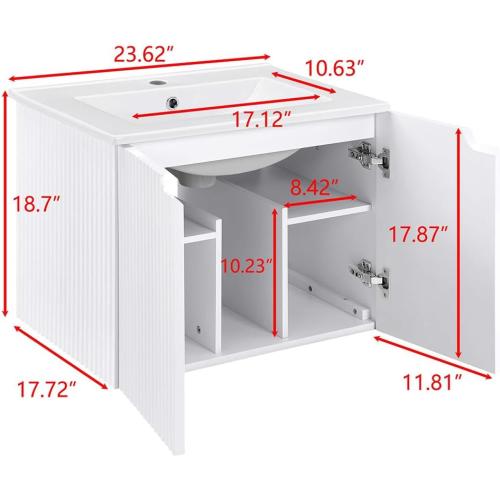24 Fluted Bathroom Vanity with Sink, Bathroom Vanities Cabinet with Sink Combo, Wall Mounted Floating Cabinet, Mid-Century Modern Floating Vanity for Small Space, Washed Ash Grey