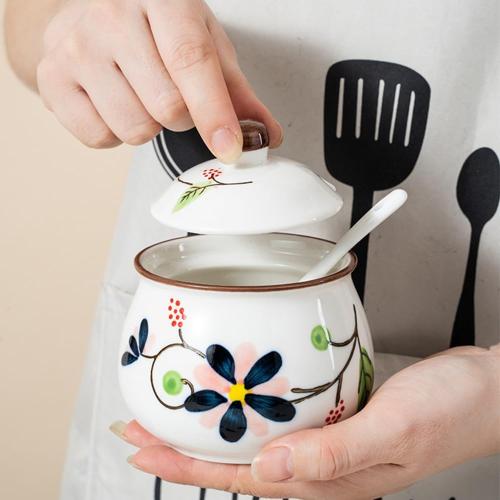 Set of 2 and Ceramic Condiment Jars with Lid Spoon and Tray, Modern Elegant Spice Container Sugar Bowl Seasoning Jars for Home and Kitchen Counter (Red)