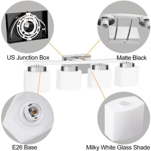 4-Light Modern Chrome Vanity Light Fixture with White Glass Shade for Bathroom Over Mirror, 31.5 Inches