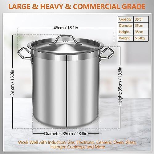 Size 35 Quart Stainless Steel Cooking Pot - Stock Pot with Lid - Large Soup Pot for Cooking, Stew, Pozole, Pasta - Induction Compatible - Ideal for Home & Commercial Use