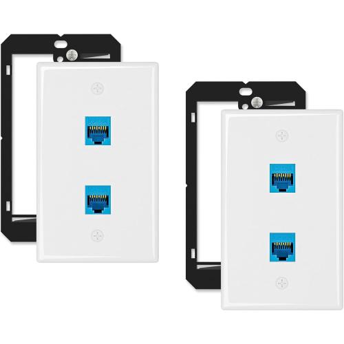 Iwillink 10Gbps Ethernet Wall Plate CAT6A, 2-Port Keystone Wall Plate and Jack Outlet, RJ45 Wall Plates with Single Gang Low Voltage Mounting Bracket - 2 Pack