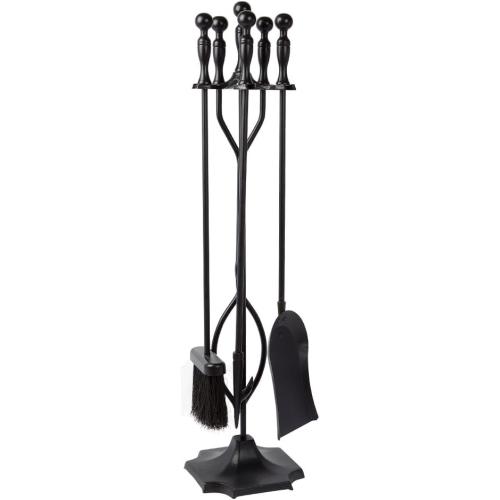 AMAGABELI GARDEN & HOME 5 Pcs Fireplace Tools Sets Black Handle Wrought Iron Large Fire Tool Set and Holder Outdoor Fireset Fire Pit Stand
