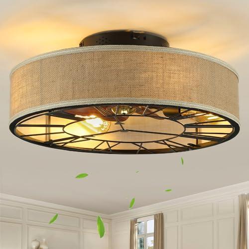 20''Boho Ceiling Fans with Lights and Remote Flush Mount, Caged Low Profile Ceiling Fan with Light, Small Bladeless Rustic Burlap Fandelier 6 Speeds for Bedroom Kitchen Living Room,with Bulb