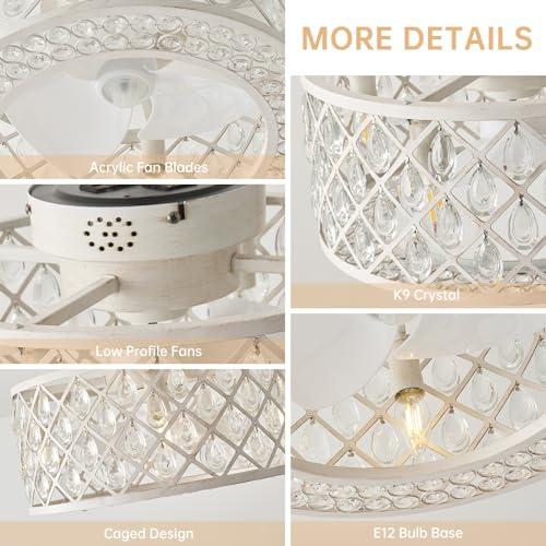 18 Inch Caged Ceiling Fans with Lights, Low Profile Ceiling Fan and Remote/APP Control Fandelier Crystal Fan Light for Bedroom Living Room Dining Room Kitchen Indoor, Including Bulb (Rustic White)