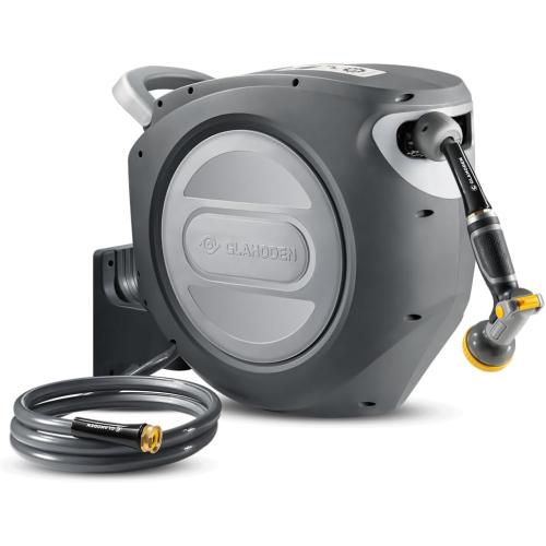 Retractable Garden Hose Reel 5/8 in x 100 ft Upgraded UV Resistant Heavy Duty Automatic Hose Reel Wall Mount 3/4 in Brass Fitting 9 Pattern Nozzle Any Length Lock Slow Retraction