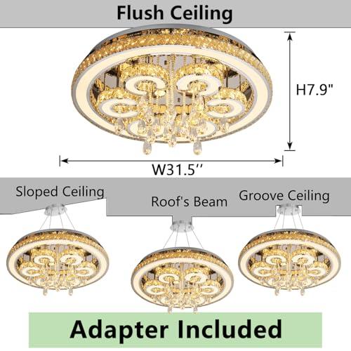 W32'' Modern Chandeliers for Living Room Crystal Flush Mount Ceiling Light for Dining Room Bedroom Large Chandeliers Interior Luxury Lighting Fixture LED Lights Dimmable 3000-6000K Hallway Foyer Light