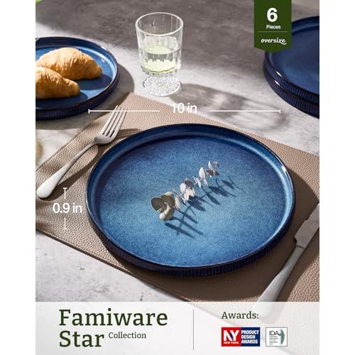 famiware Star 10/8 inches Dinner Plates Set for 6, Nebulas Blue