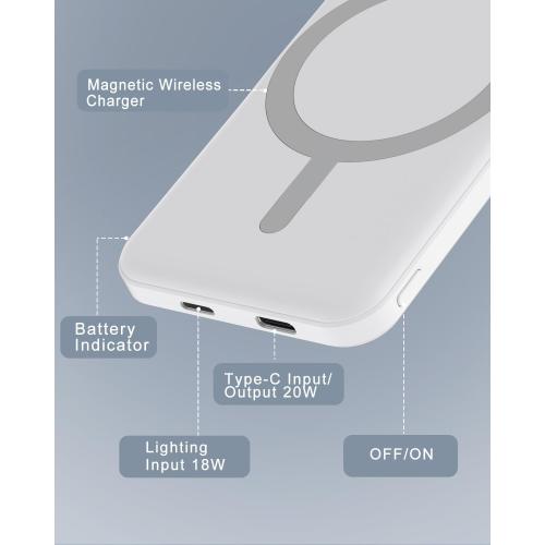 podoru for Magsafe Battery Pack, 5000mAh Magnetic Power Bank with Type-C Cable 20W PD Fast Charging Lighting Input Wireless Portable Charger for iPhone 17/16/15/14/13/12/ All Series-Snow White