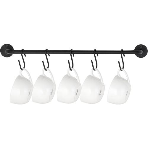Mkono Mug Holder Wall Mounted Coffee Cup Rack Hanger Modern Metal with 5 Mug Hooks Rustic Utensil Tea Cups Storage Organizer for Kitchen Dining Room Coffee Bar,Black