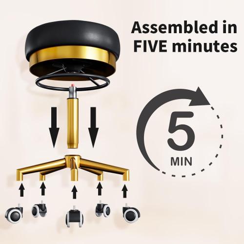Heavy Duty Gold Rolling Stool - 400 lbs weight capacity,Thickened version cushion,360°adjustable stool with wheels,PU leather with gold rings,swivel stool suitable for hairdressers,bedrooms,spa