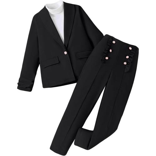 Milumia Girl's 2 Piece Outfits Button Open Front Long Sleeve Blazer and Pants Fall Suit Set Black***