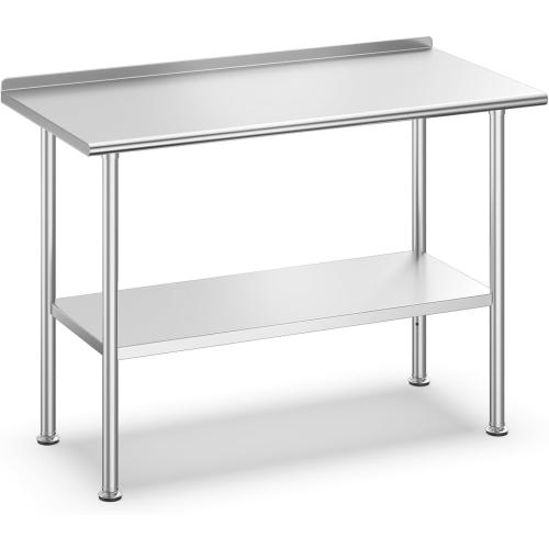All-Stainless Steel Prep Table, 24 X 48 Inches, with Rounded-Corner Backsplash and Adjustable Undershelf, Heavy-Duty for Outdoor Use,Restaurants,Hotels,Workshops,Kitchens,Gardens, and Garages