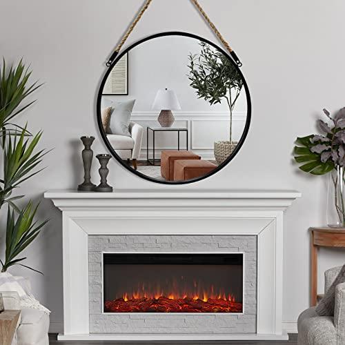 POZINO Round Mirror, 24 Inch Hanging Mirror with Rope, Circle Wall Mirrors, Black Frame Farmhouse Mirrors for Bathroom Bedroom Living Room Entryway Home Decor