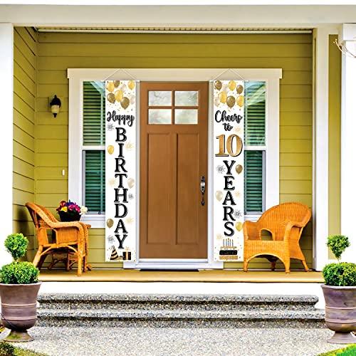 Happy 10th Birthday Decorations,10th Gold Balloon Birthday Theme Door Hanging Banner Sign,Cheers to Ten Years Old Bday Party Supplies.