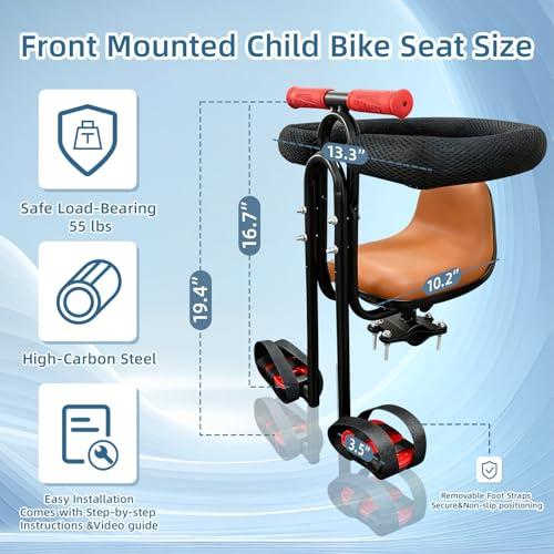 Front Mounted Child Bike Seat for Adult MTB–Interactive Toddler Bicycle Carrier with Full Guardrail,Foot Pedals & Removable Foot Straps,Height Adjustable for Kids 1–5 Years (Up to 55lbs)