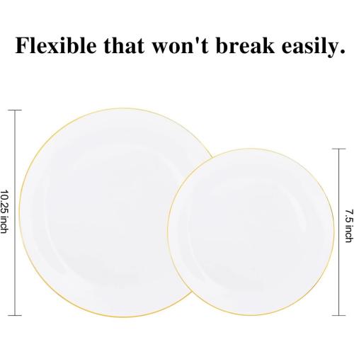 KIRE 100PCS Disposable Plates - White with Gold Rim for Easter/Wedding/Spring Party- Includes 50Pieces 10.25inch Dinner and 50Pieces 7.5inch Dessert/Salad Plates