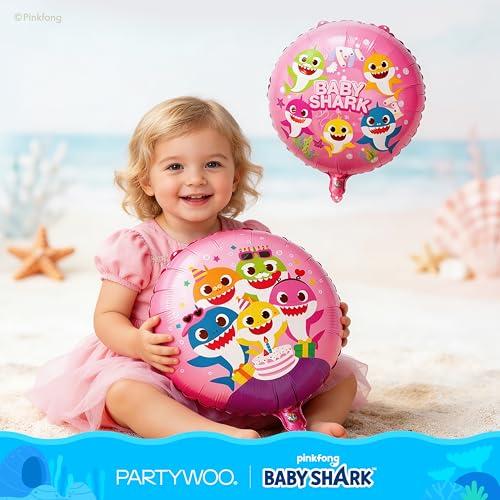 PartyWoo Baby Shark Pink Round Mylar Helium Boys Girls Foil Balloons 5pcs