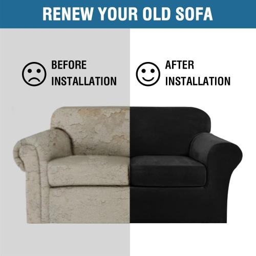 H.VERSAILTEX Real Velvet Plush 3 Piece Stretch Sofa Covers Couch Covers for 2 Cushion Couch Sofa Slipcovers Width Up to 90 Inch Feature Thick Soft Stay in Place (Large Sofa, Black)