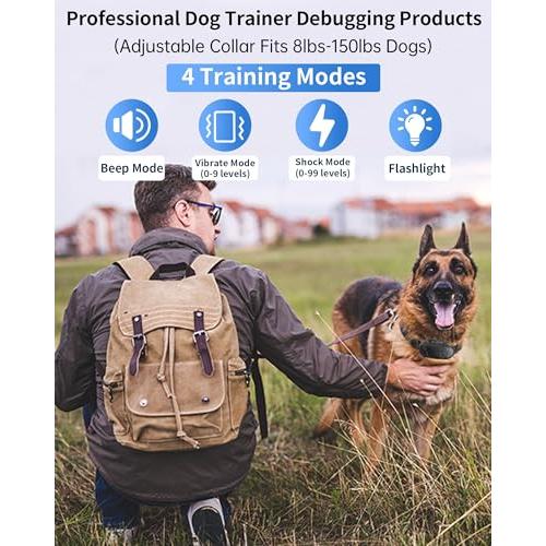 Dog Shock Collar with Remote Control - Rechargeable Dog Training Collar, IPX7 Waterproof E Collar for Dogs with 4 Safe Modes Flashlight Beep Vibration Shock Ideal for All Dog Sizes (8-150lbs)