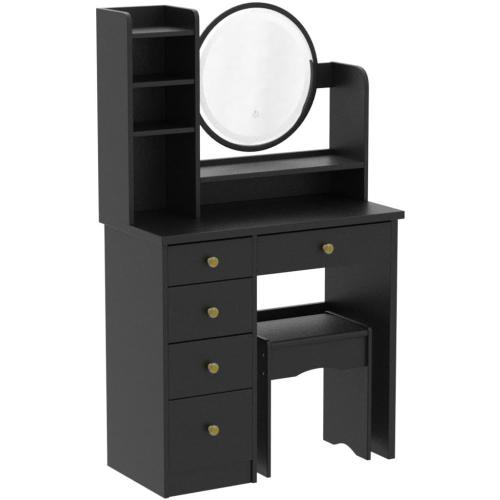 Makeup Vanity Set Dresser Desk with 5 Drawer and Shelf Round Mirror with Touch Screen and Light Vanity Set with Cushioned Stool for Bedroom, Black