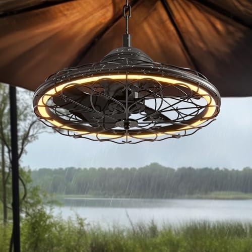 20 Outdoor Ceiling Fan, IP65 Waterproof Gazebo Fan with Light, Remote Control,6 Speeds,3CCT, Plug in Caged Ceiling Fan with Hanging Hook for Patio, Porch, Canopy