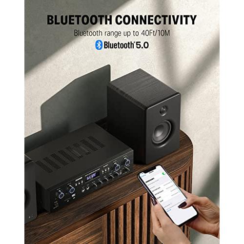 Donner Bluetooth 5.0 Stereo Audio Amplifier Receiver, 4 Channel 440W Peak Power Home Theater Stereo Receiver with USB, SD, FM, 2 Mic in Echo, RCA, LED, Speaker Selector for Studio, Home - MAMP5