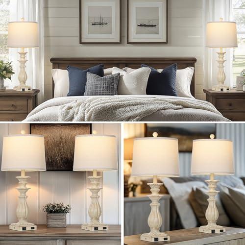 28 Farmhouse Table Lamps Set of 2 for Living Room, 3 Way Dimmable Bedside Lamp with USB C A Ports & AC Outlet, Resin Vintage Tall Nightstand Lamps for Bedroom Office Hallway, Beige