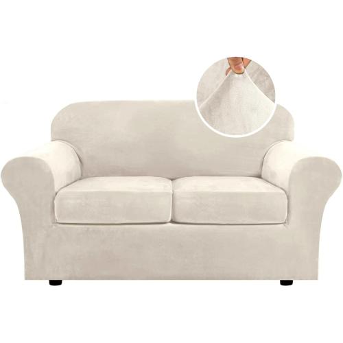 H.VERSAILTEX Real Velvet Plush 3 Piece Stretch Sofa Covers Couch Covers for 2 Cushion Couch Loveseat Covers Width Up to 72 Inch Feature Thick Soft Stay in Place (Medium Sofa, Ivory)