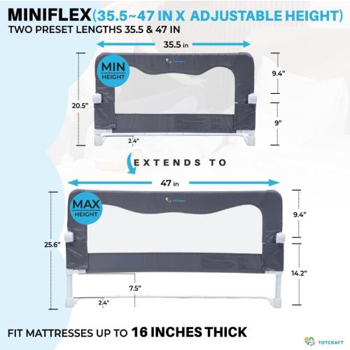 TotCraft MiniFlex Adjustable Length & Height Bed Rail for Toddlers – Fits Twin, Full & Queen Beds – 35.5″ or 47″ Two Fixed Lengths – 14 Height Levels – ASTM Certified Toddler Bed Rails for Kids (Grey)
