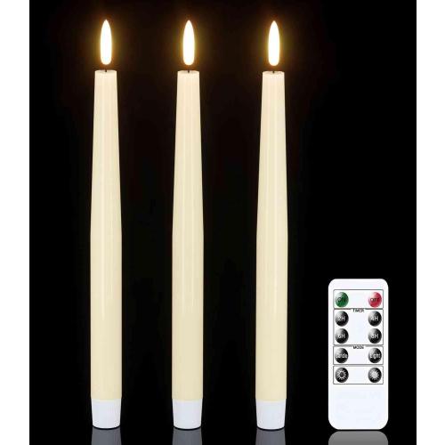 GenSwin Flameless Taper Candles with Remote Timer, Real Wax LED Flickering Candlesticks Battery Operated 3D Wick for Wedding, Party, Home(Ivory, 9.84, Set of 3)