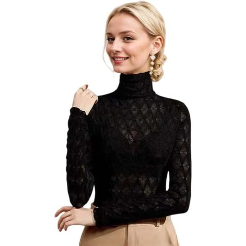 Women's Small Sexy Autumn Slim Fitting Long Sleeved Turtleneck Pullover Bottom Shirt Mesh Lace Perspectives T-Shirt Top.