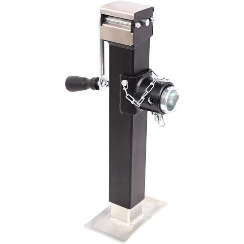 Black and Silver NBJINGYI Heavy Duty 5000LB Trailer Jack - 10 Lift, Pipe Mount Swivel Jack with Lock Pin, Square Tube Mount, Side Wind Handle & Foot Plate, Black Coating.