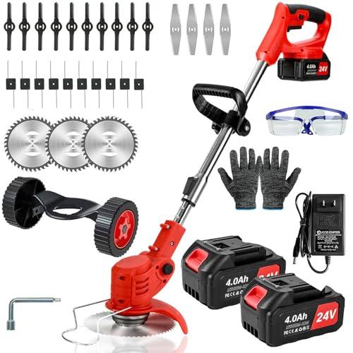 Weed Wacker Cordless,24v Electric Weed Eater Battery Powered,3 in 1 Lightweight Grass Trimmer with 2 4.0 Ah Batteries & Charger,Height Adjustable Wheeled Brush Cutte for Lawn Care,Garden,Yard (red)