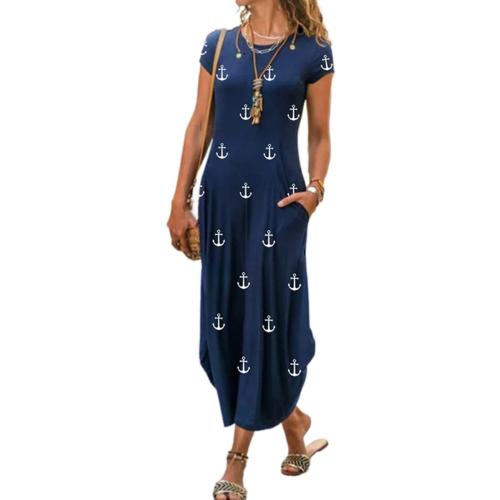 Size M AHAIJ Women Summer Casual Maxi Dress Floral Printed Loose Pockets Short Sleeve Split Boho Dresses