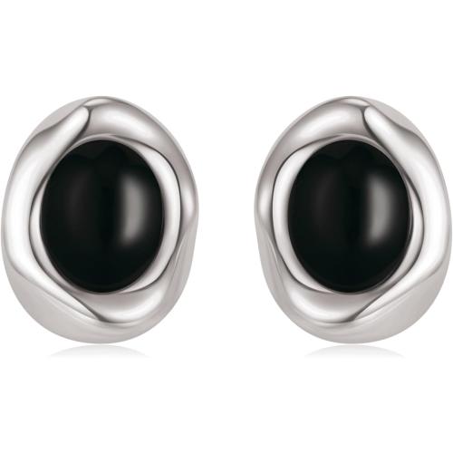 Gold Earrings for Women Oval Stud Trendy 14K Gold Plated Black Brown Stone Earrings Hypoallergenic