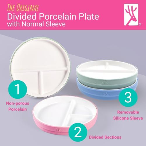 6.7” Elk and Friends Kids Porcelain Divided Plates with Silicone Sleeves | Suitable for Babies/Kids/Toddlers | Microwave & Dishwasher Safe | Non Slip | Snack Dishes