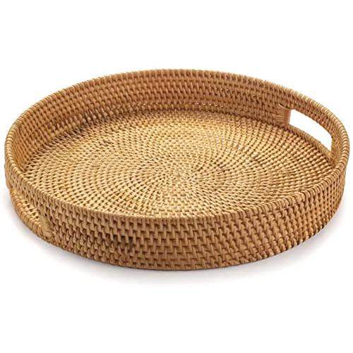 YANGQIHOME Rattan Round Serving Tray, Decorative Coffee Table Tray, Hand Woven Serving Basket with Handles, Ottoman Wicker Fruit/Bread Serving Basket, 13.8 inch