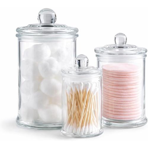 KMWARES 3PCs Set Small Mini Clear Glass Premium Quality Apothecary Jars/Bathroom Storage/Vanity Organizer Canisters for Cotton Balls/Swabs, Makeup Sponges, Bath Salts, Q-Tips (3Jar)
