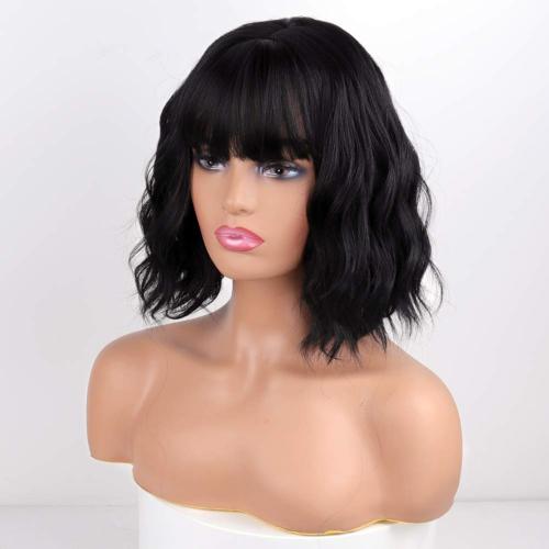 MISSQUEEN Short Wavy Black Wig with Bangs,Black Bob Hair Wigs for Women