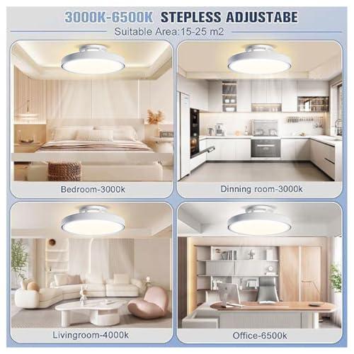 Bladeless Ceiling Fans with Lights, Flush Mount Ceiling Fan with Lights and Remote, 6 Wind Speeds Smart Low Profile Ceiling Fan for Bedroom, Kids Room and Living Room 20, White