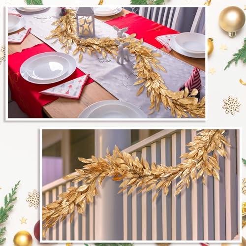 Jutom 6 Ft Gold Christmas Bay Leaf Garland Decoration Gold Bayleaf Garland for Christmas Fireplace Front Door Stairs Decoration Xmas Holiday Winter Engagement Birthday Wedding Supplies